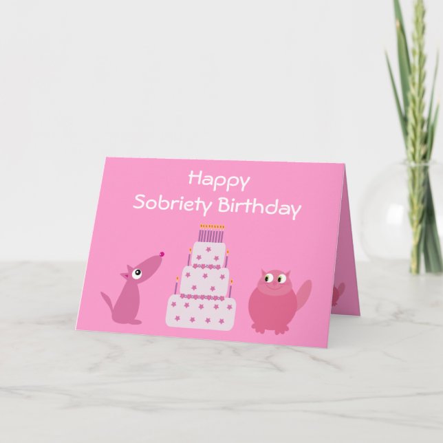 Pretty Pink Dog, Cat & Birthday Cake Sobriety Card (Front)