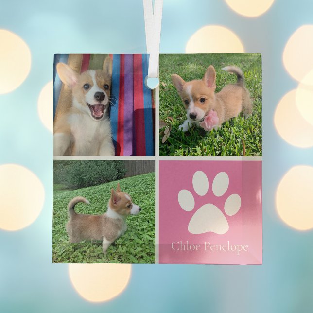 Pretty Pink Dog Collage Custom Pet Christmas Gift Glass Ornament (Creator Uploaded)