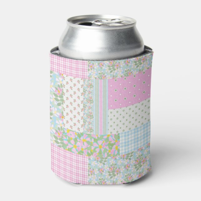 Pretty Pink Dog Rose Faux Patchwork Can Cooler (Can Front)