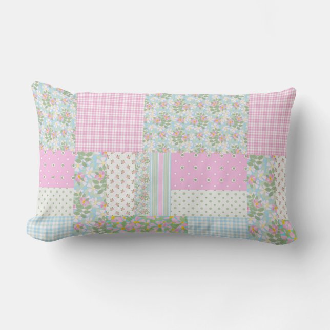Pretty Pink Dog Rose Faux Patchwork Lumbar Pillows (Front)
