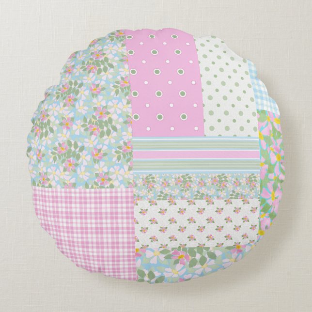Pretty Pink Dog Roses Faux Patchwork Round Pillow (Front)