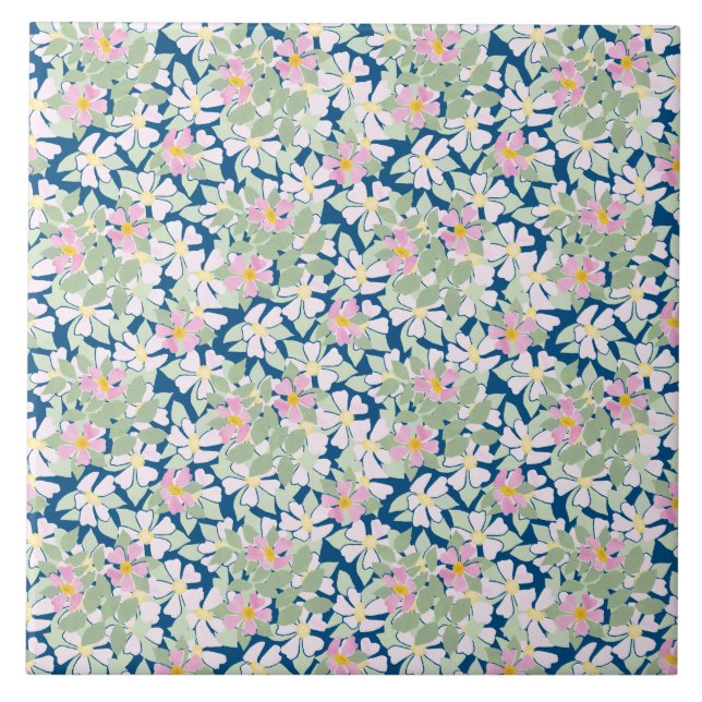 Pretty Pink Dog Roses on Dark Blue Pattern Tile (Front)
