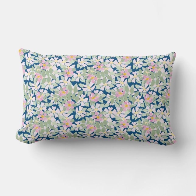 Pretty Pink Dog Roses on Deep Blue Lumbar Pillow (Front)