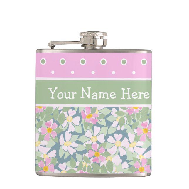 Pretty Pink Dog Roses on Navy and Polkas Hip Flask (Front)