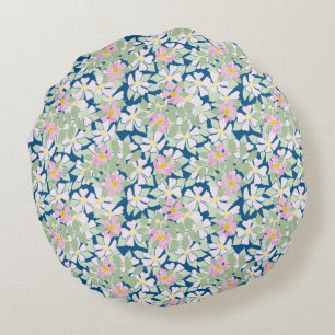 Pretty Pink Dog Roses on Navy Blue Round Pillow