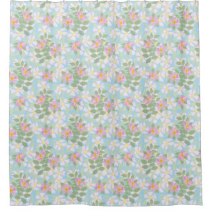 Pretty Pink Dog Roses on Sky Blue Floral Pattern