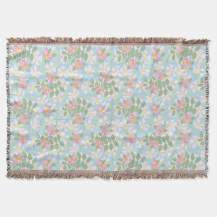 Pretty Pink Dog Roses on Sky Blue Pattern Throw Blanket
