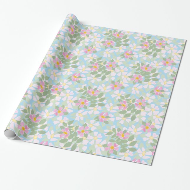 Pretty Pink Dogroses on Sky Blue Wrapping Paper (Unrolled)