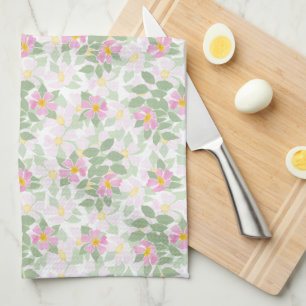 Pretty Pink Dogroses on White Kitchen Towel
