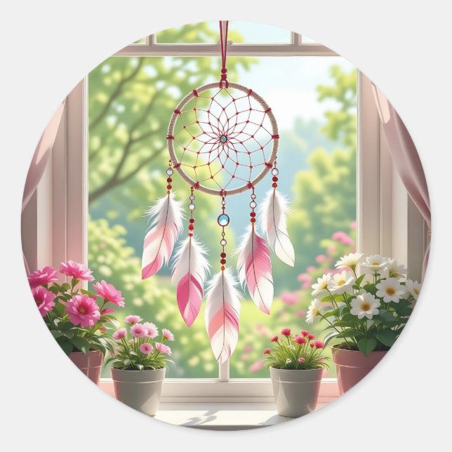 Pretty Pink Dreamcatcher and Plants Window Sill Classic Round Sticker (Front)