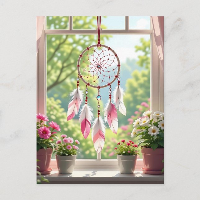 Pretty Pink Dreamcatcher and Plants Window Sill Postcard (Front)
