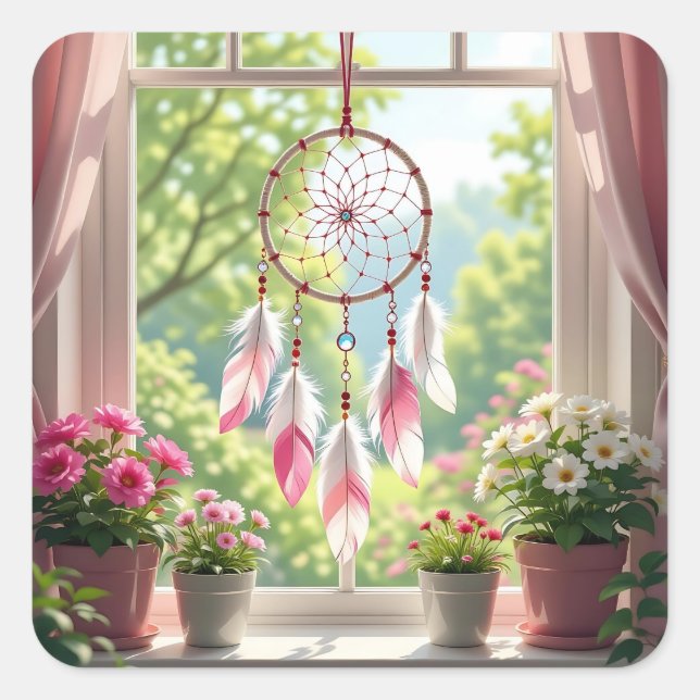 Pretty Pink Dreamcatcher and Plants Window Sill Square Sticker (Front)