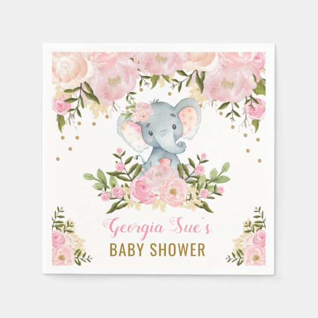 Pretty Pink Elephant / Feminine Watercolor Floral Napkin (Front)