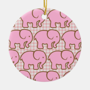 Pretty Pink Elephants on Pink Plaid Pattern Ceramic Ornament
