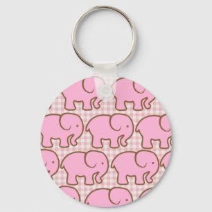 Pretty Pink Elephants on Pink Plaid Pattern Keychain