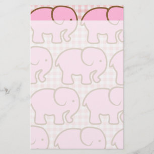 Pretty Pink Elephants on Pink Plaid Pattern Stationery