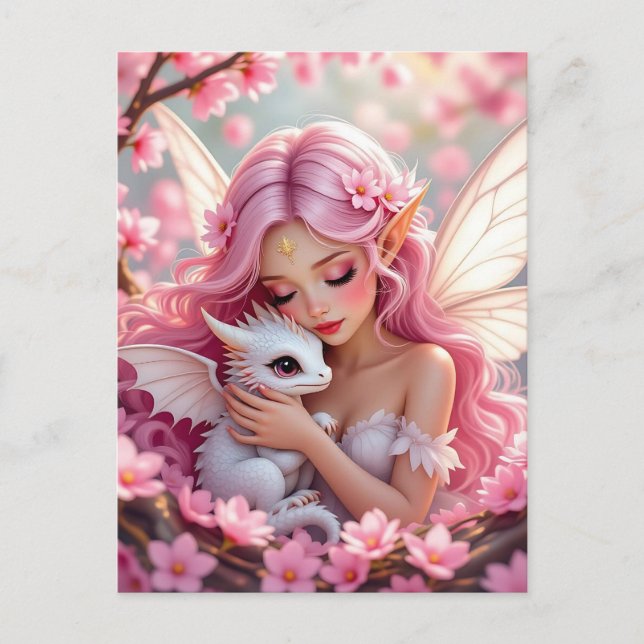 Pretty Pink Elven Fairy & Dragon  Postcard (Front)