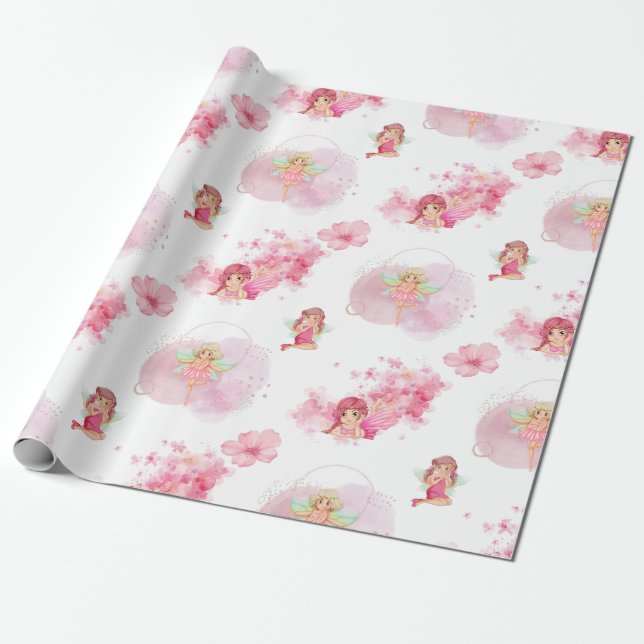 Pretty pink fairy wrapping paper for girls (Unrolled)