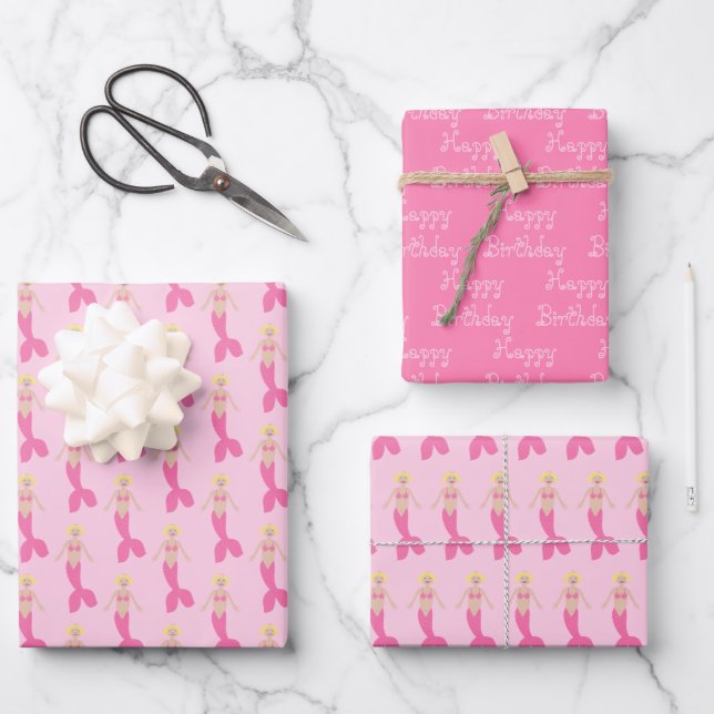 Pretty Pink Fantasy Mermaid Custom Birthday Wrapping Paper Sheet (Front)