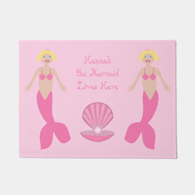 Pretty Pink Fantasy Mermaid Custom Message Doormat (Front)