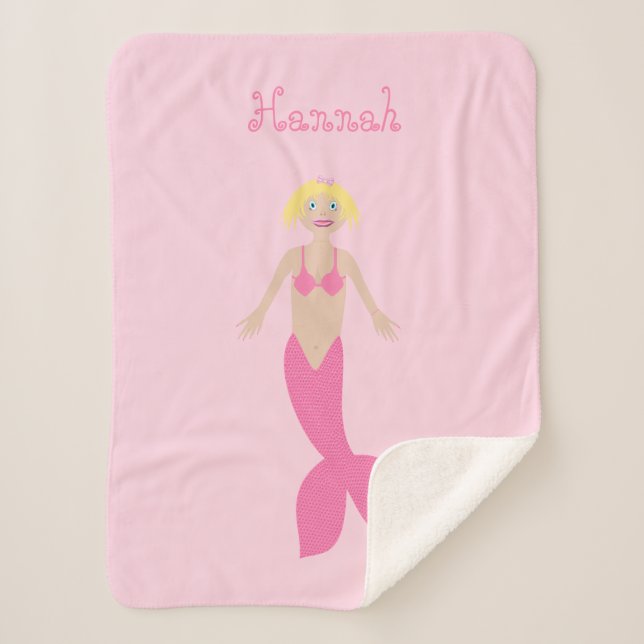 Pretty Pink Fantasy Mermaid Custom Name Sherpa Blanket (Front)