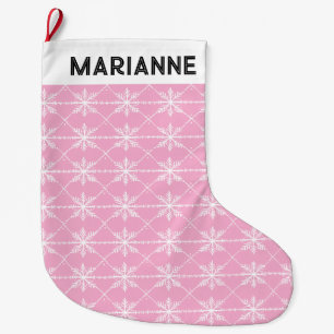 Pretty Pink Festive Snowflake Pattern Personalized Large Christmas Stocking