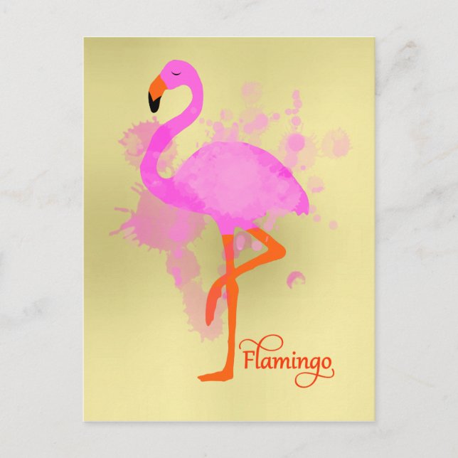 Pretty Pink Flamingo Artistic Paint Splatter Postcard (Front)