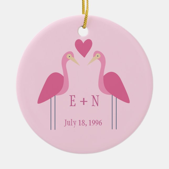 Pretty Pink Flamingo Cute Wedding Anniversary Gift Ceramic Ornament (Front)