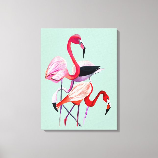 Pretty pink flamingo on blue canvas print (Front)