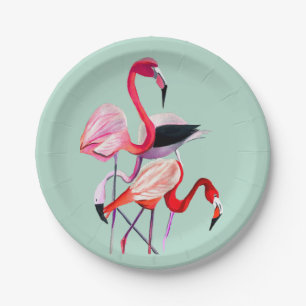Pretty pink flamingo on blue paper plate