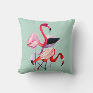 Pretty pink flamingo on blue throw pillow