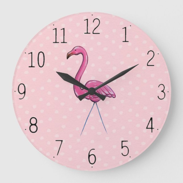 Pretty Pink Flamingo on Polka Dot background Clock (Front)