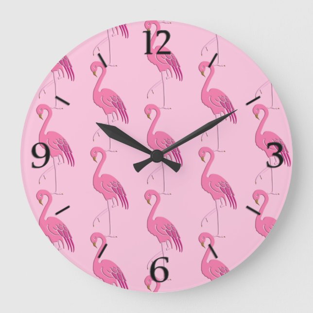 Pretty Pink Flamingo Pattern Large Clock (Front)