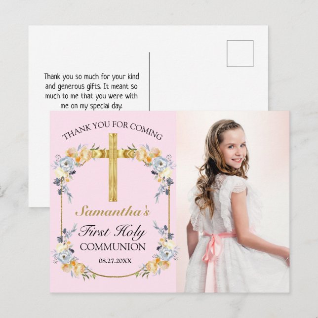 Pretty Pink Floral 1st Holy Communion Thank You Postcard (Front/Back)