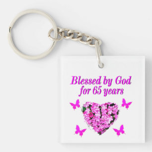 PRETTY PINK FLORAL 65TH BIRTHDAY DESIGN KEYCHAIN