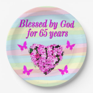 PRETTY PINK FLORAL 65TH BIRTHDAY PAPER PLATES
