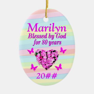 PRETTY PINK FLORAL 80TH BIRTHDAY CUSTOM ORNAMENT