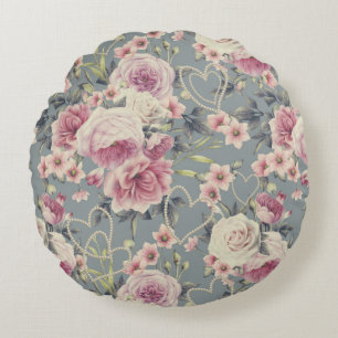 Pretty Pink Floral and Pearl Hearts Pattern Round Pillow