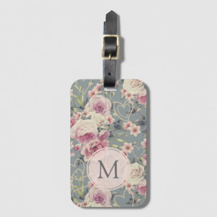 Pretty Pink Floral and Pearls Girly Monogram Luggage Tag