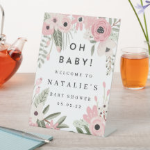 Pretty Pink Floral Baby Shower Welcome Pedestal 