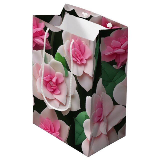 Pretty pink floral boho greenery pattern medium gift bag (Front Angled)