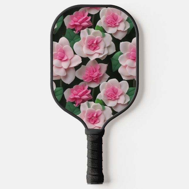 Pretty pink floral boho greenery pattern pickleball paddle (Front)