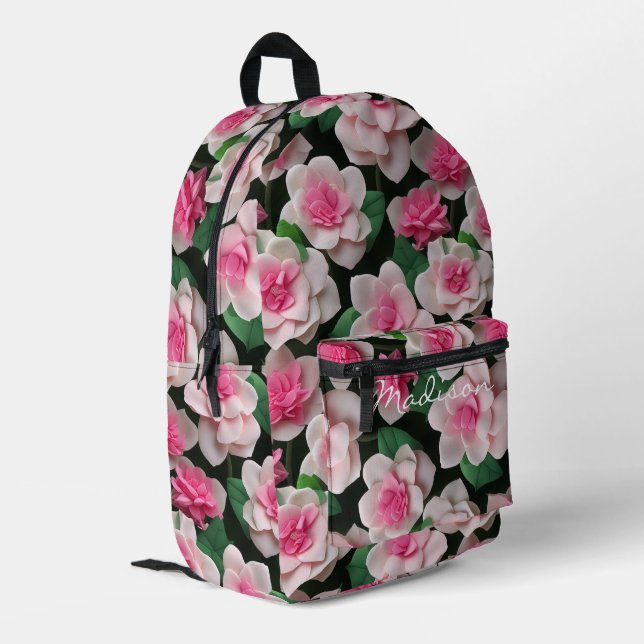 Pretty pink floral boho greenery pattern printed backpack (Back Corner Left)