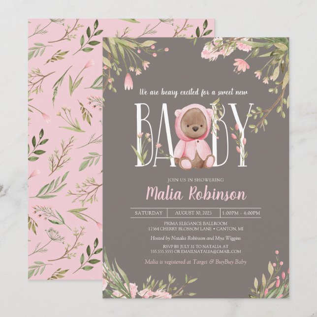 Pretty Pink Floral Boho Teddy Bear Baby Shower Inv Invitation (Front/Back)
