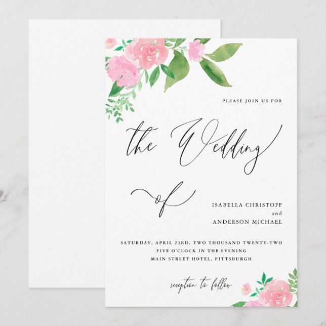 Pretty Pink Floral Bouquet Calligraphy Wedding Invitation (Front/Back)