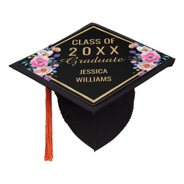 Pretty Pink Floral Bouquets CLASS OF 2025 Graduate Graduation Cap Topper (Angled)