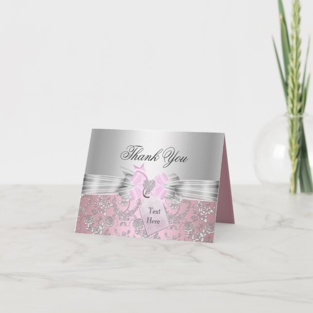 Pretty Pink Floral & Bow Thank You Card (Front)