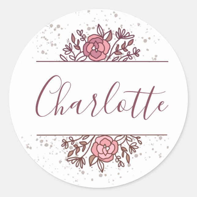 Pretty Pink Floral Custom Name Classic Round Sticker (Front)