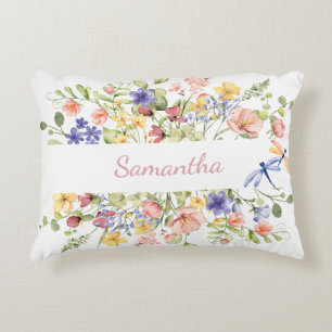 Pretty Pink Floral Dragonfly Name Accent Pillow