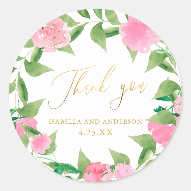 Pretty Pink Floral Faux Gold Wedding Thank You Classic Round Sticker (Front)